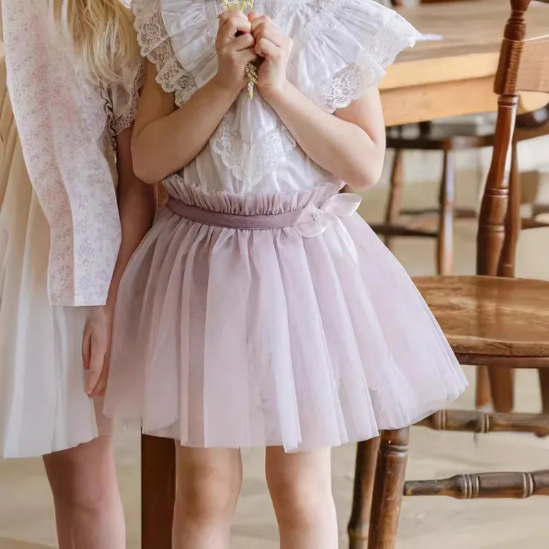 Kids Girls New Summer Korean Style Young Children Mesh Solid Color Princess Pantskirt Elastic Skirts and Pants H176A