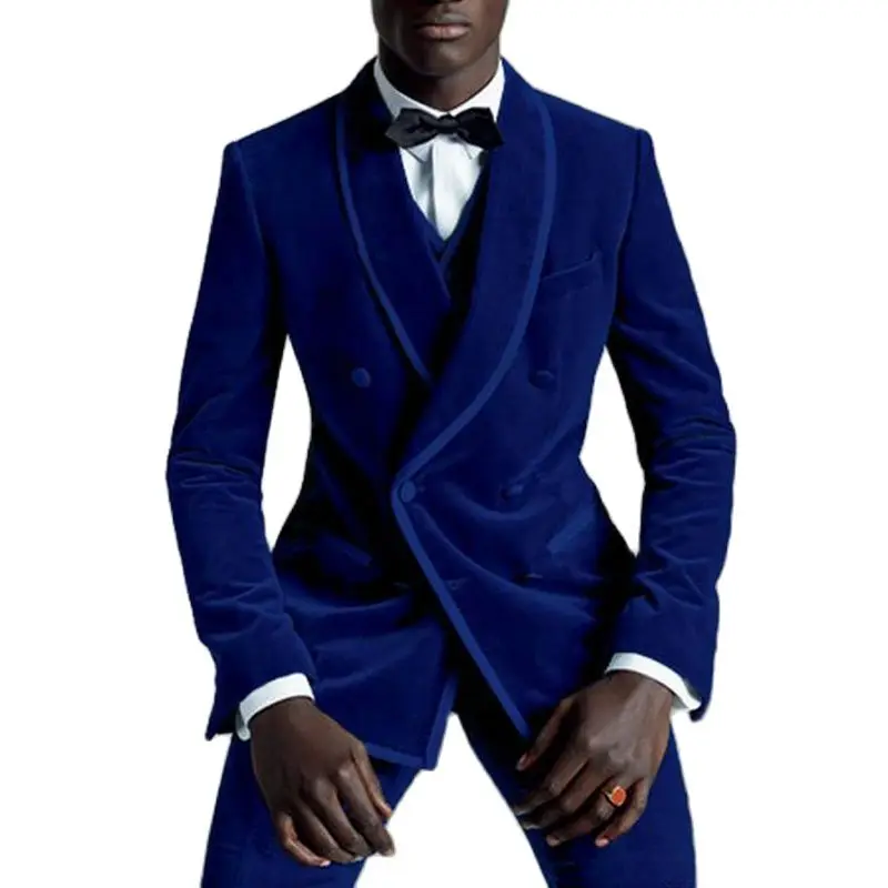 Velvet African Men Suits with Double Breasted Slim Fit Wedding Tuxedo 3 Piece Male Fashion Set Dinner Jacket with Vest Pants