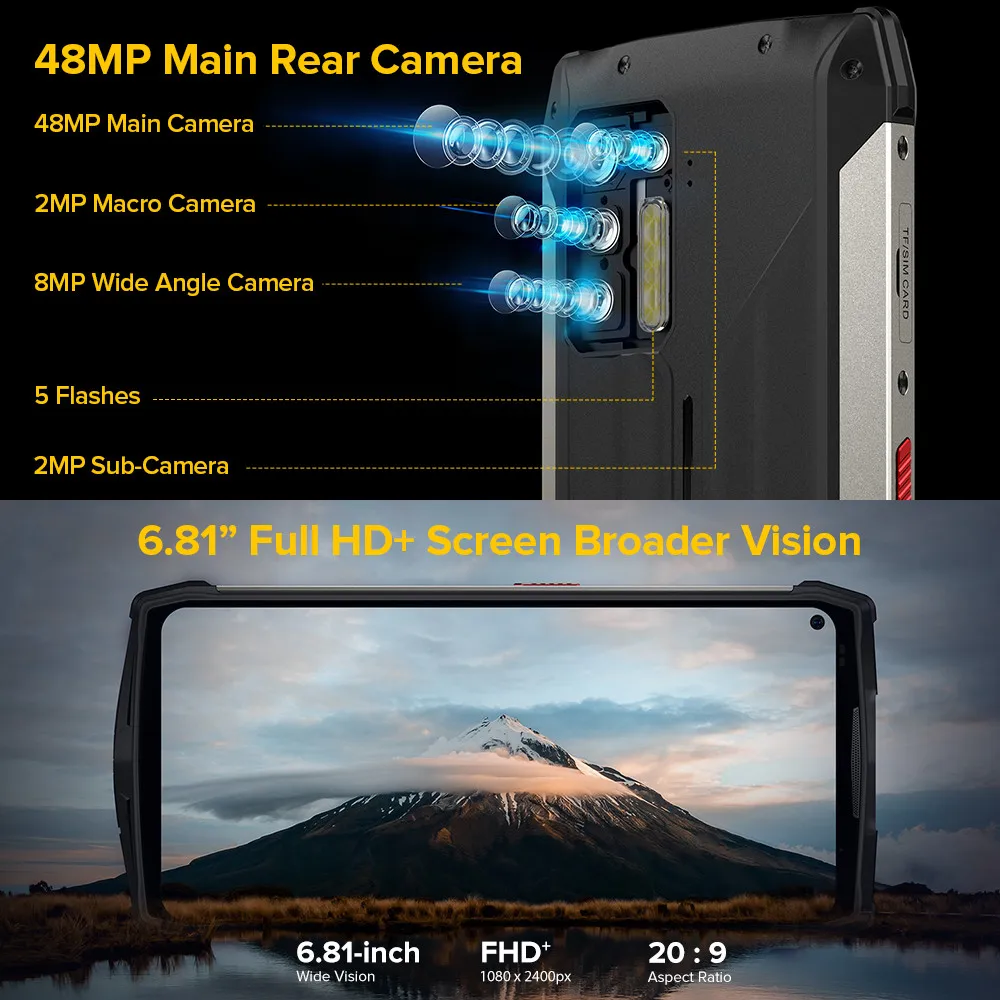 Ulefone Power Armor 13 Smartphone 13200mAh IP68/IP69K 6.81"FHD+Screen 48MP Rear Camera 8G+256G NFC Android 11.0 Mobile Phone 4