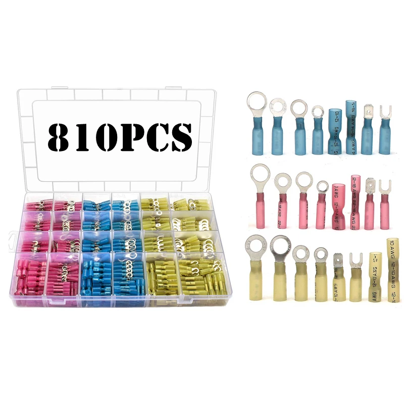 

810Pcs Assorted Seal Heat Shrink Crimp Male Female Insulated Crimp Terminals Electrical Wire Splice Butt Waterproof Connectors