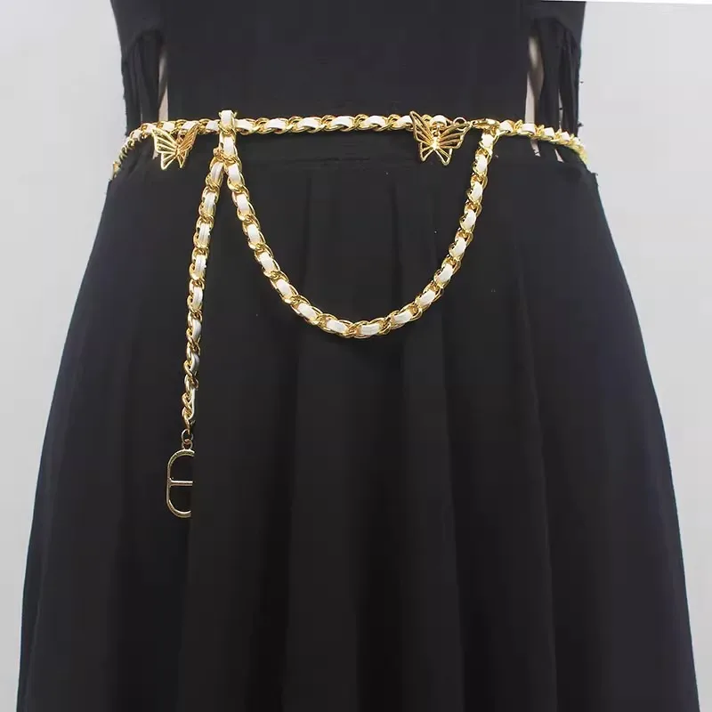 

Women's Runway Fashion PU Leather Chain Cummerbunds Female Dress Corsets Waistband Belts Decoration Narrow Belt R494