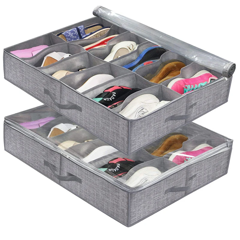 Under Bed Shoe Storage Organizer with Transparent Window - Holds 12 to 16 Pairs, Breathable and Foldable Design