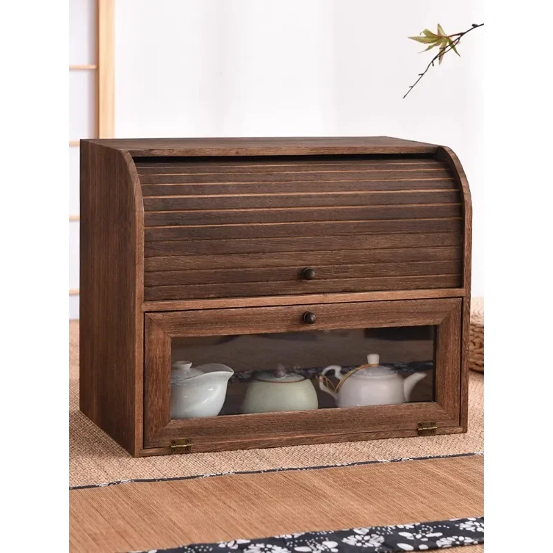 

Solid wood dust-proof double teapot desktop tea set teacup rack storage box cosmetic stationery storage cabinet tea cabinet
