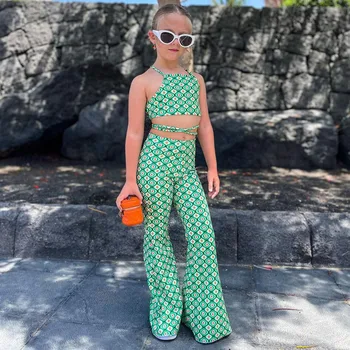 Green Plaid Children's Vest and Pants Set for Girls - Summer 2022