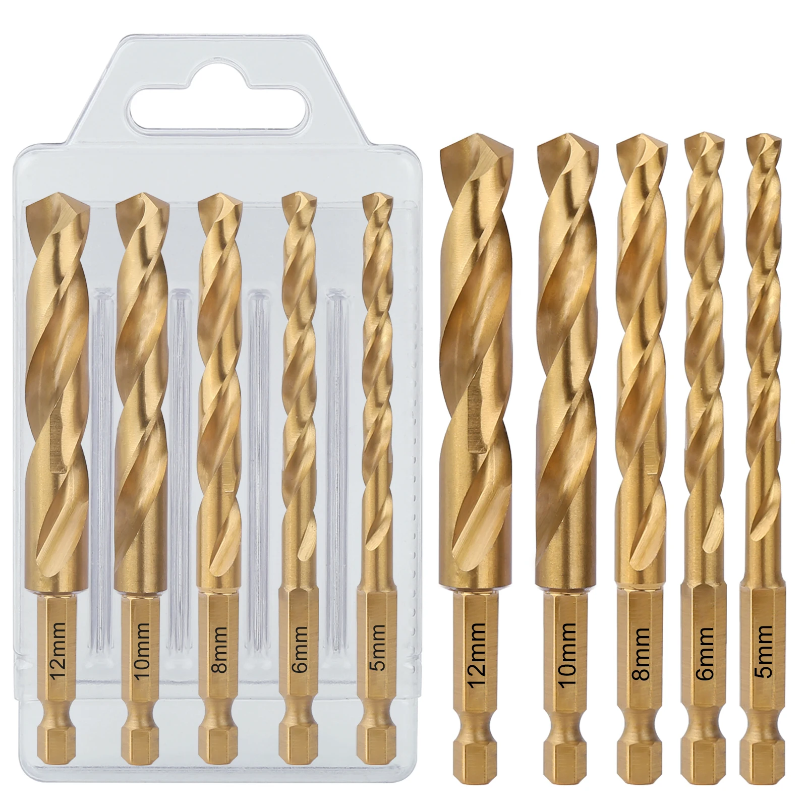 5PCS/Set 5/6/8/10/12mm HSS M2 Titanium Coated Twist Drill Bit 100mm Length With 6.35mm Quick Change Hex Shank For Wood Metal