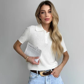 Typhaland Hollow Knitted T shirt Woman 2026 Summer New Short Sleeve Casual Loose Lapel Ins Hot Tops Lady Sweater T shirt Solid 1