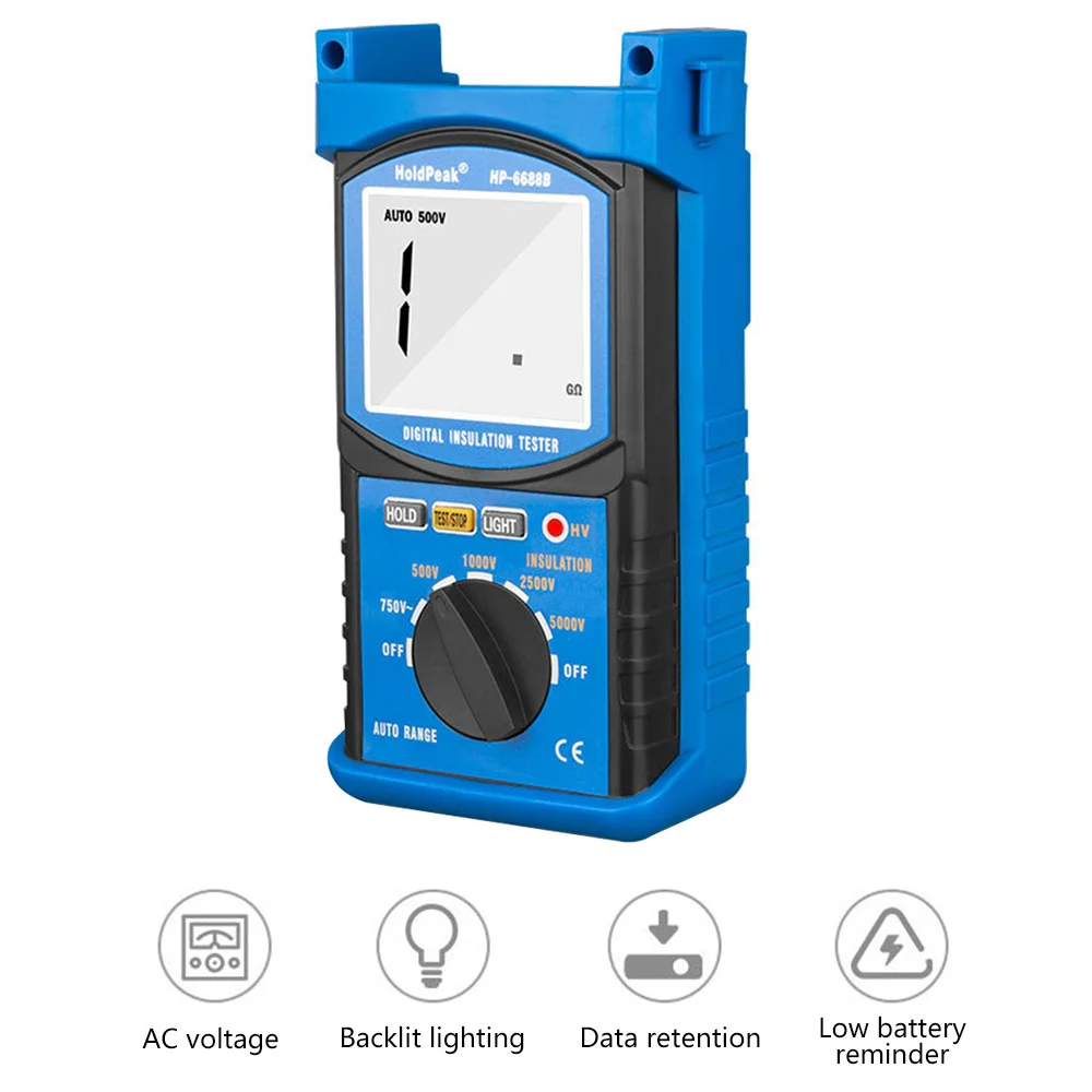 

HP-6688B 1MΩ-200GΩ Insulation Resistance Tester Megometer Digital Handheld Meter 500V-5000V Auto Range Insulated Anti-Magnetic