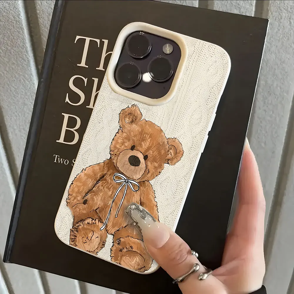 Cute Brown Teddy Bear Pattern Lychee Soft Phone Case