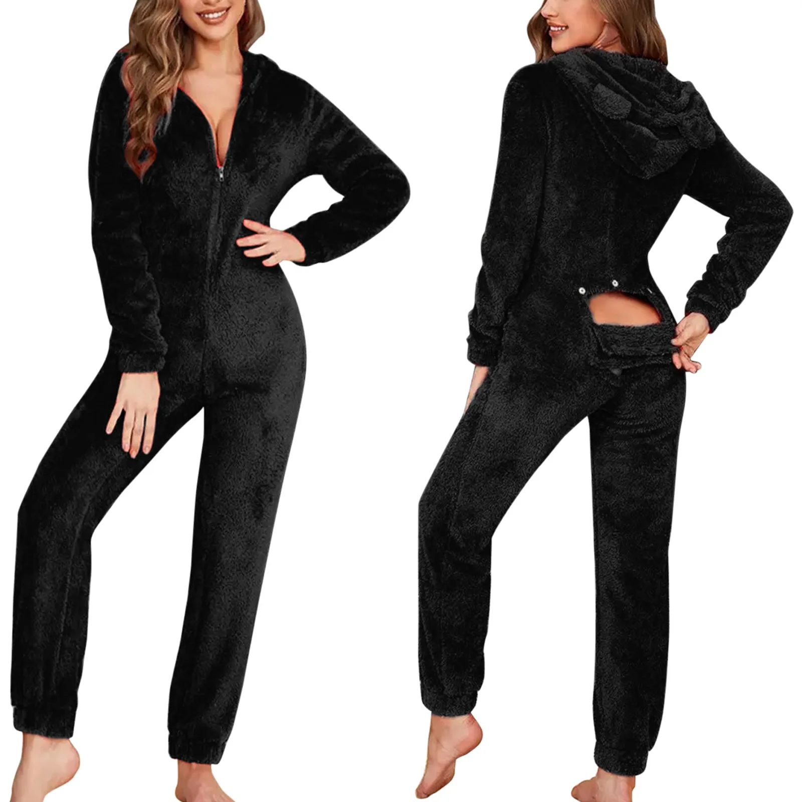 New Year Sleepwear Home Clothes Cat Ear Buttoned Flap Functional Onesies Pyjamas Fluffy Jumpsuit Hooded Playsuit Plus Size S-5XL