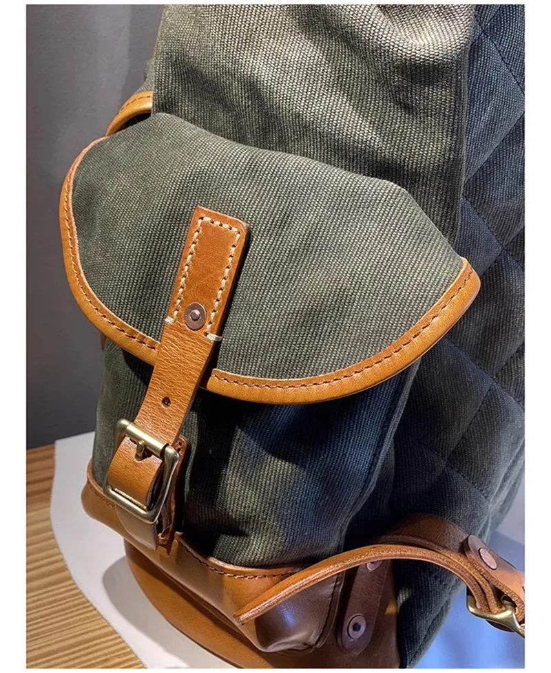 PNDME Vintage Erste Schicht Rindsleder Leinwand Große Kapazität Herren Rucksäcke Outdoor Casual Reise Designer Damen Große Schultasche – Detail 7