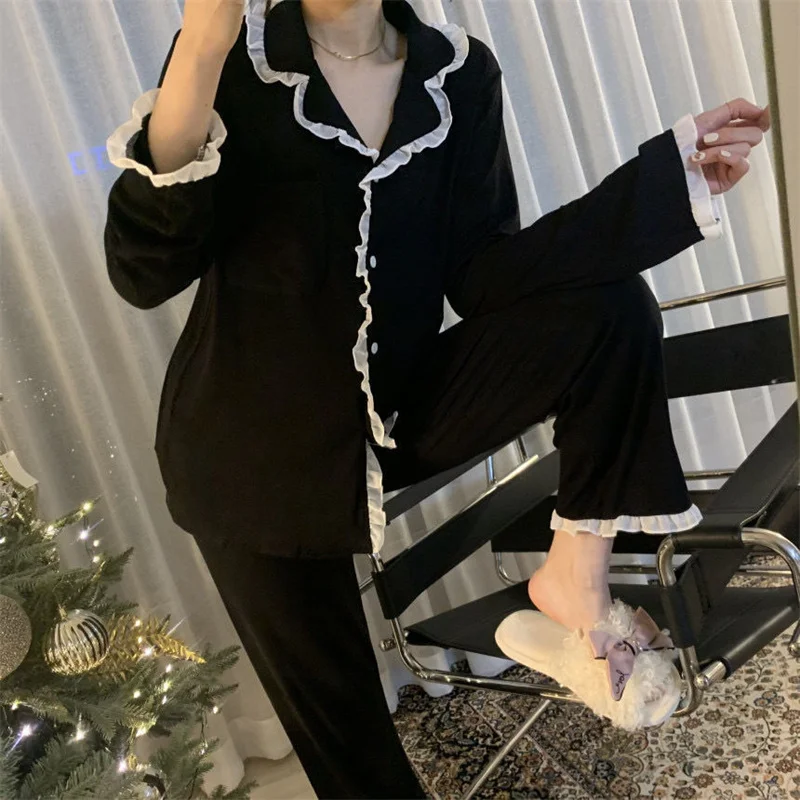 Korean INS Style Simple Casual Long Sleeve Pajamas Trousers Set Lacy Sweet Lady's Loungewear Cardigan Sleepwear Loose Black