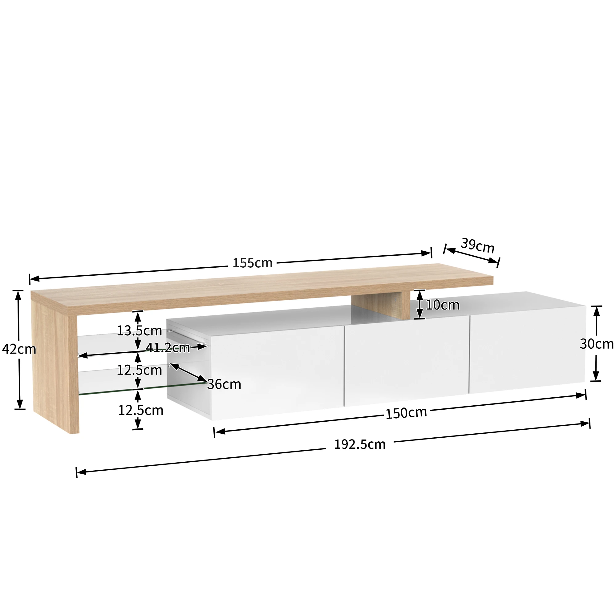 Moderner TV-Schrank: Hochglanzweiß & Holzoptik, LED-Beleuchtung, Glasböden, 197.5cm, Stauraum für Wohnzimmer – Detail 1