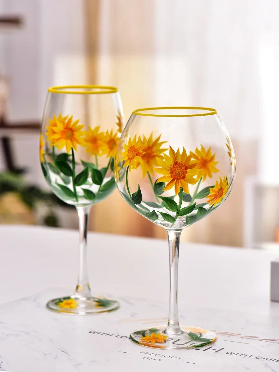 Hand Drawn Flower Patterned Crystal Glass Cup Festival Party Art High Feet Red Wine Cup Family Wine Glass Set of Three Pieces