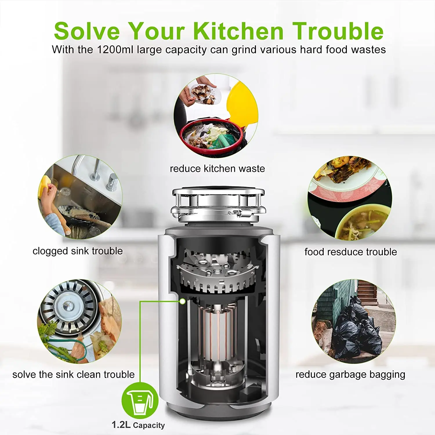 Food Waste Disposer 1200ml Capacity Food Crusher 560W Stainless Steel Grinder Kitchen Appliances Garbage Disposal Material 4