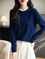 Haut femmes col rond mince T-Shirt tricot nouveau pull été printemps mode basique à manches longues laine faux deux pièces doux femme vêtements 1