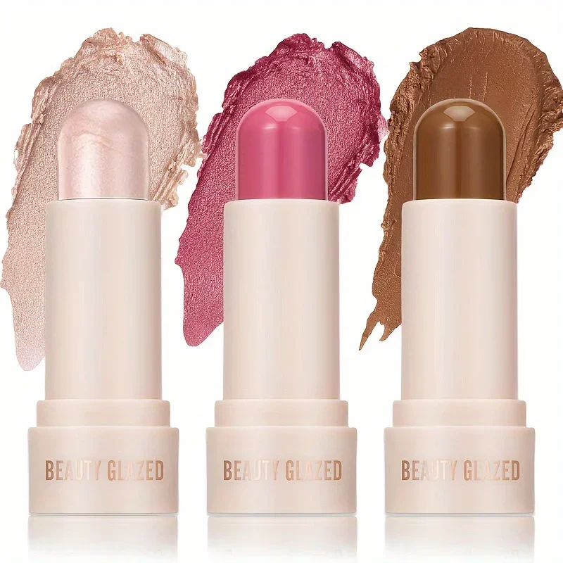3Pcs Makeup Set Highlighter & Blush & Contour Sticks Waterproof Face Highlighter Blush Contouring Pen Finishing Makeup