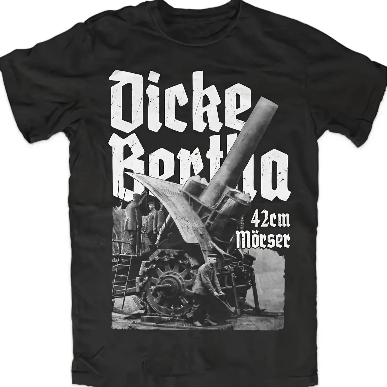 Schwergewicht Vintage WWI/WWII Bertha Cannon Grafik-T-Shirt für Herren, schwarzes T-Shirt, historisches Battlefield-Design-Shirt für Militär