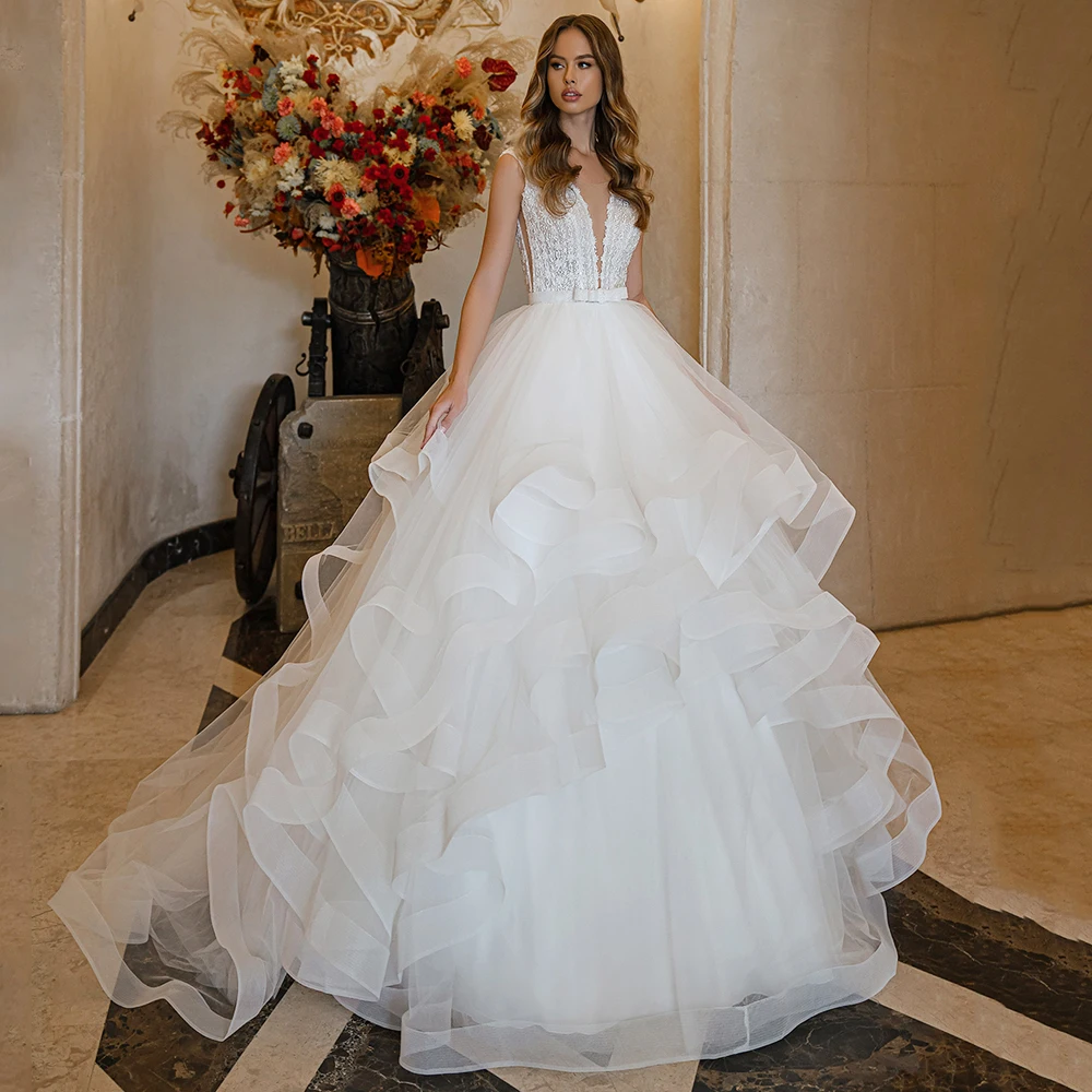 ADLN Ball Gown Wedding Dress Deep V Neck Sleeveless Applique Body RUffles Tulle Sweep Train Vestidos De Novia Bridal Dresses 4