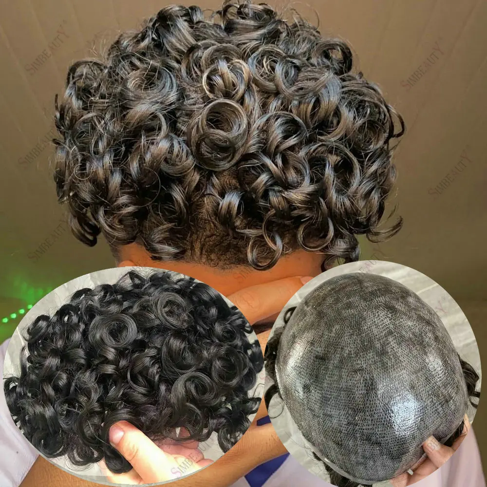 20MM Curly Men's Wig Human Hair Super Durable Full PU Base Toupee Men Capillary Prosthesis Hair Unit Replacement System For Male