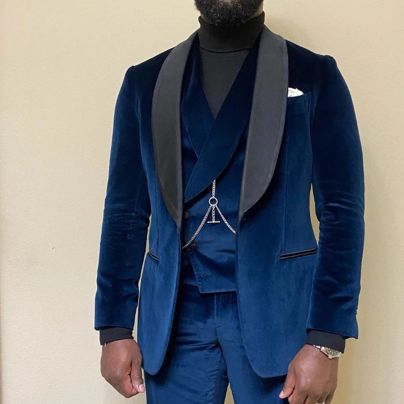 

Navy Blue Velvet Men Suits 3 Pcs Wedding Groom Tuxedos One Button Terno Slim Fit Shawl Lapel Blazer with Vest Pants 2024