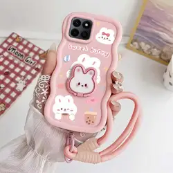 Charming Rabbit Phone Accessory Set: Case, Lanyard, and Stand for Honor X8 4G (Pink)
