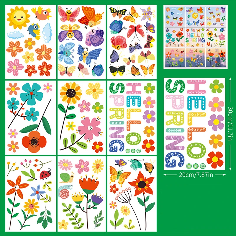 Spring Window Clings Tulip Flower Butterfly Hummingbird Double-Sided Removable Static Spring Window Stickers Decals 9 Sheets