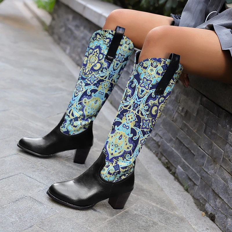 

Plus Size Floral Fabric Patchwork Pu Ethnic Paisley Patterned Zipper Knee High Boots With Thick Plush Lining For Women's Boots