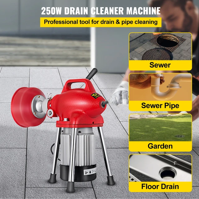 VEVOR Electric Drain Auger, 50' x 3/8, 250W Sewer Snake Machine Fit 2''-  4'' Pipes, Hair Clog Remover for Bathroom Shower Pipe Drain, Bathtub Hair  Clogs, Kitchen Sink Drain Cleaning