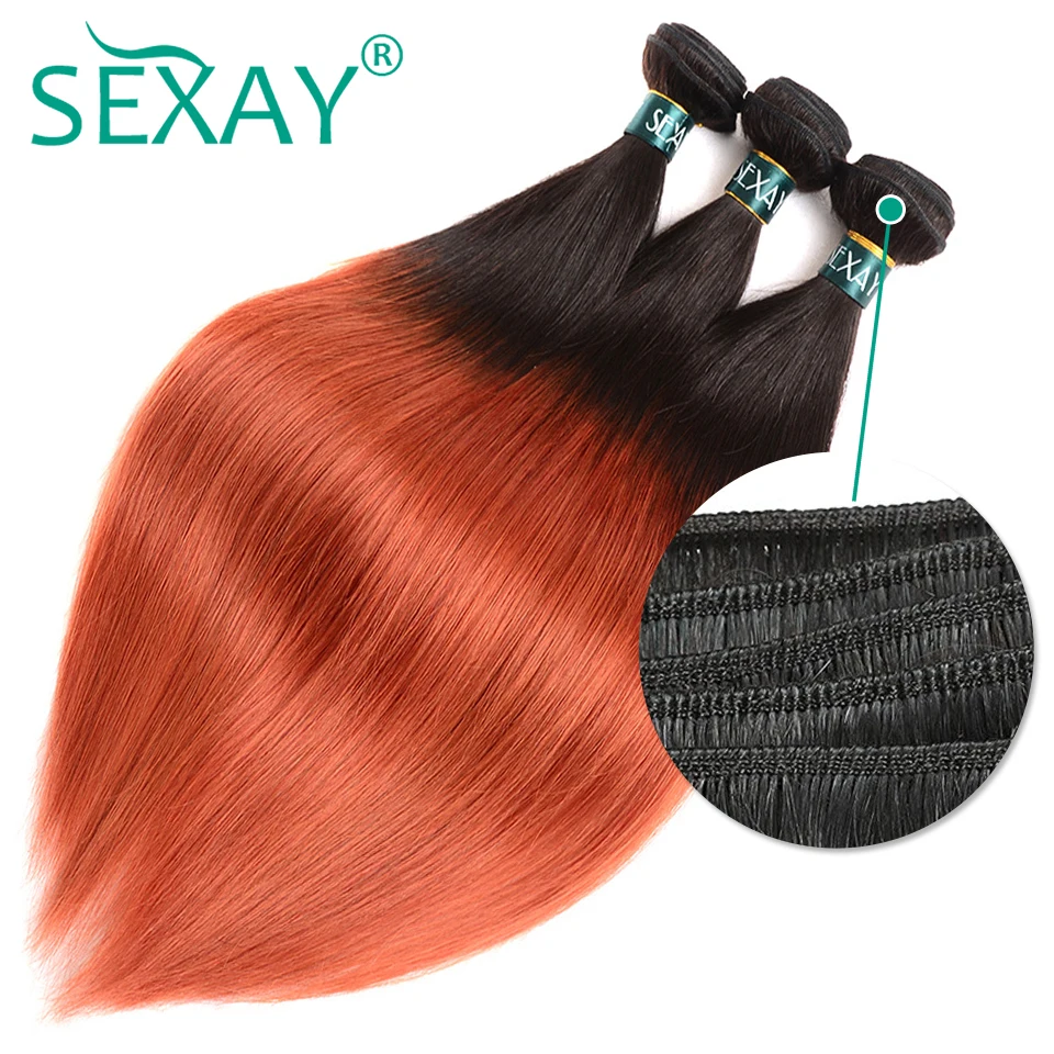 Sexay 1B pomarańczowe wiązki z zamknięciem włosy dla dzieci brazylijskie kości proste włosy ludzkie wyplata 3 wiązki z koronkowymi frontami wstępnie oskubane