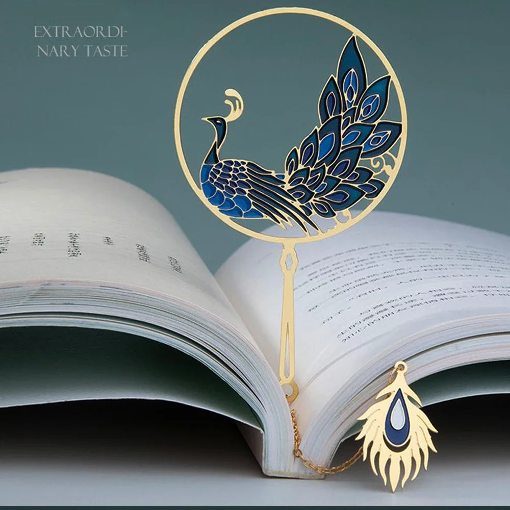 Hollow Peacock Book Clip Brass Tassel Chinese Design Vintage Book Pagination Mark Student Stationery Supply Metal Bookmark