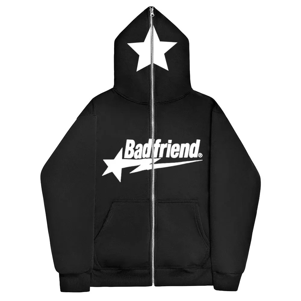 

Five-pointed Star Badfriend Printing Sweatshirt Hip Hop Men and Women Y2k Zip Up Oversize Hoodie Couple Harajuku Gothic Clothes