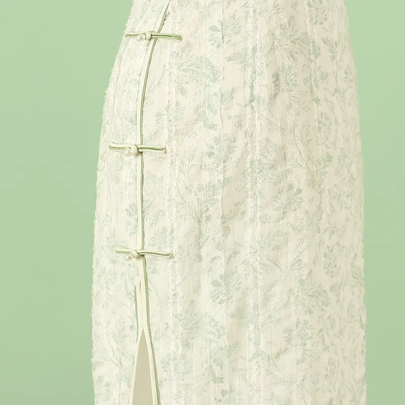 Young Women's Green Chiffon Cheongsam Summer Improved Version Long Dress Fresh Style Shoulder Drop Waist Cinched Dai