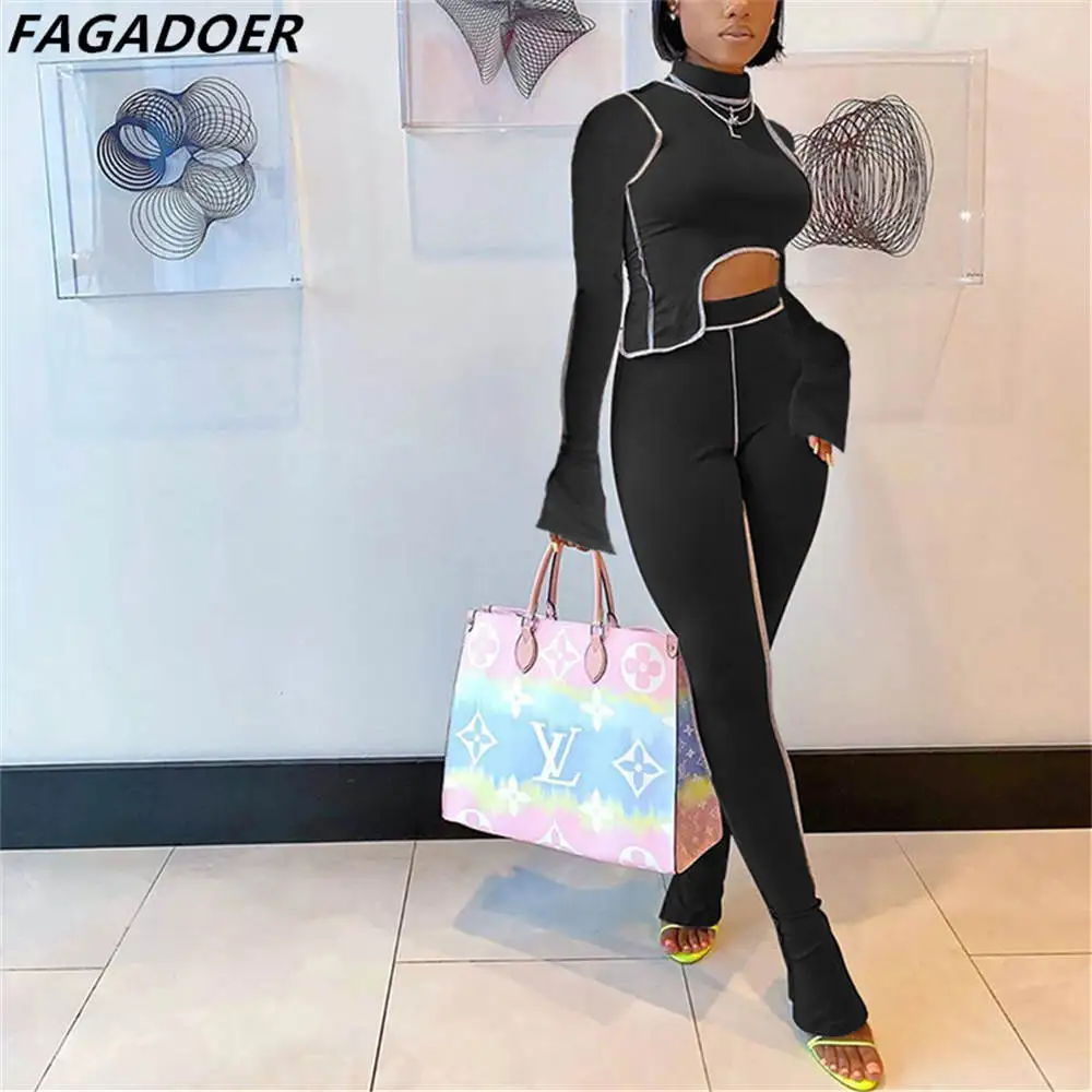 FAGADOER Personalized Double-sleeved Line Design Two Piece Sets Women Outfits Fall Long Sleeve Irregular Top + Pants Tracksuits 50 sets of blue personalized jewelry packaging bags custom logo button bag fashion small envelope bag necklace clip microfiber