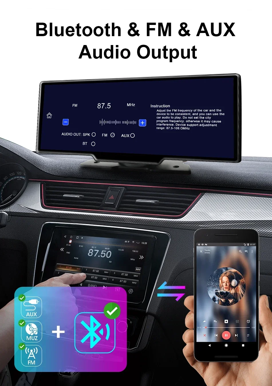 Adjust FM frequency to match car and device for consistent audio playback.