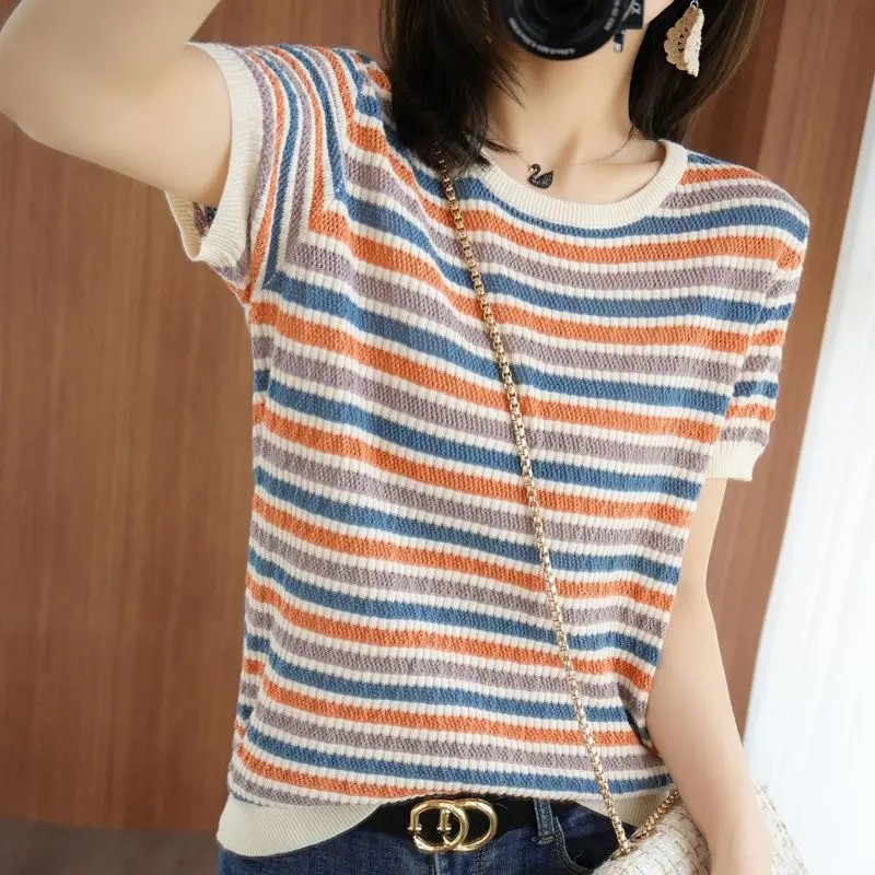 

Femlae Summer Short Sleeved Knitted Sweater Ladies Stripe Print Pullover T-shirt Knitted Ice Silk T-shirt Bottoming Top Q358