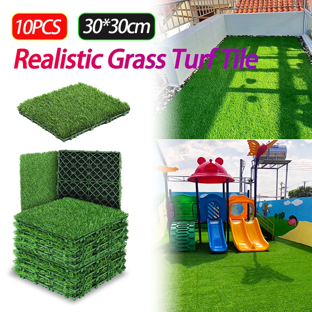 10PCS Fake Grass Deck Turf Tiles Green Interlocking Grass Flooring Tiles Turf Mat Grass Rug for Indoor Outdoor Garden Lawn