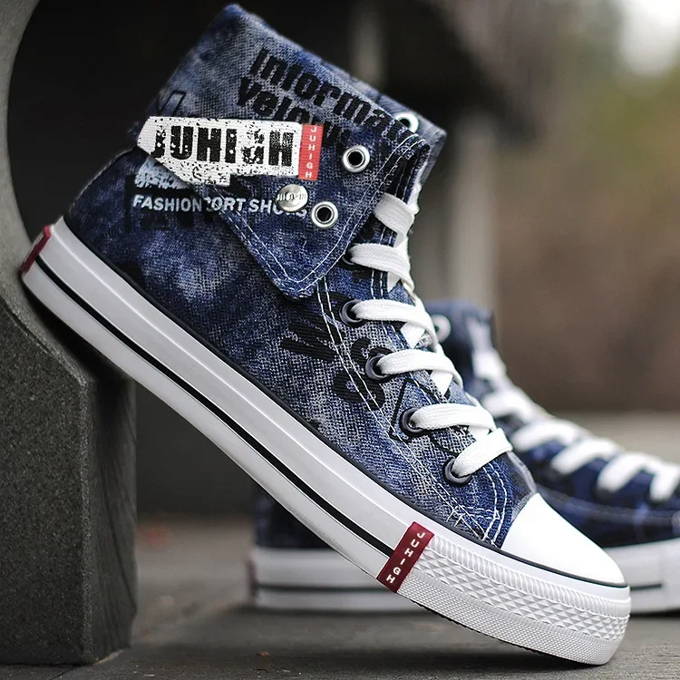 Print Denim Shoes for Men High Top Canvas Shoes Lace-up Flat