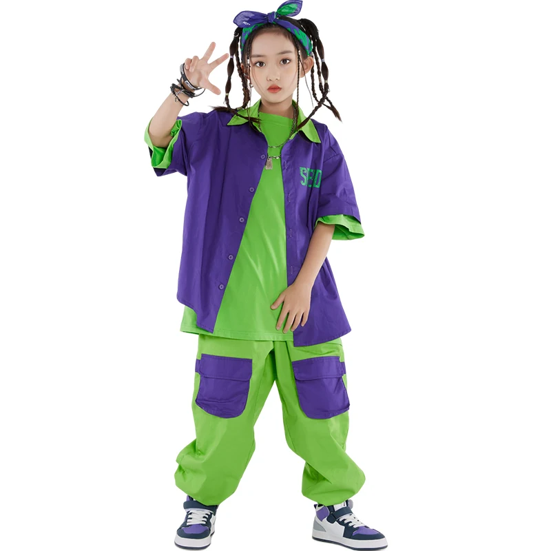 Hip Hop Dance Costume Purple Shirt Coat Green Cargo Pants Girl Boys Jazz Performance Outfit Fashion Kids Clothing BL10632