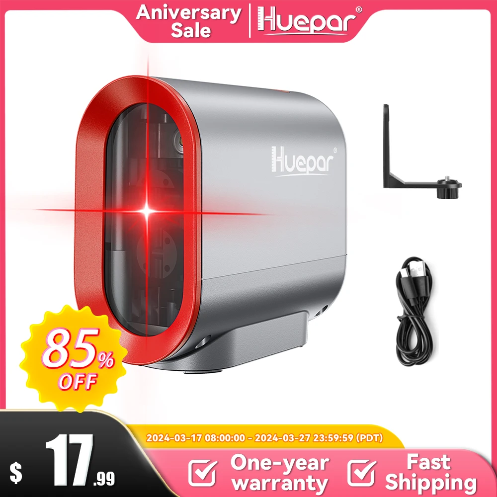 Huepar 2 lines Li-ion Battery Self-leveling Laser Level & self-leveling Red Beam Cross Line with Pulse Mode & adapter laser Tool