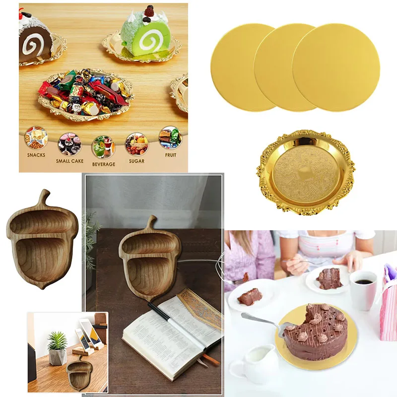Golden Decorative Serving Trays Elegant Snack Plates Fruit Dishes Retro Metal Dessert Trays Wooden Nut Platters Cake Home Decor
