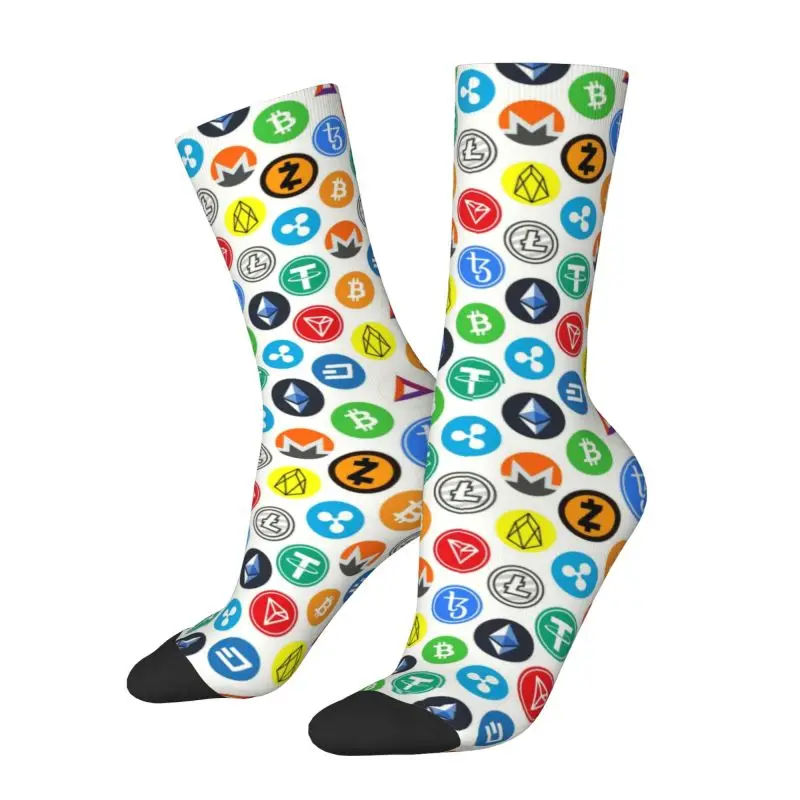 

Cool Printed Crypto Coins Altcoin Blockchain Logo Socks for Women Men Stretch Summer Autumn Winter Bitcoin Ethereum Crew Socks