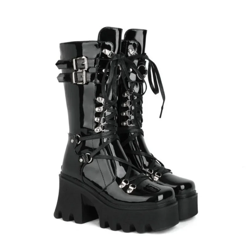 Sexy Patent Pu Leather Women Ankle Boots Platform Square High Heel Motorcycle Boots Squar Toe Zipper Autumn Winter Woman's Boots