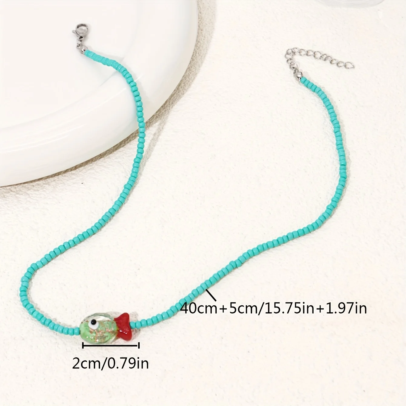 Womens Turquoise Glass Fish Pendant Necklace with Handmade Beaded Choker