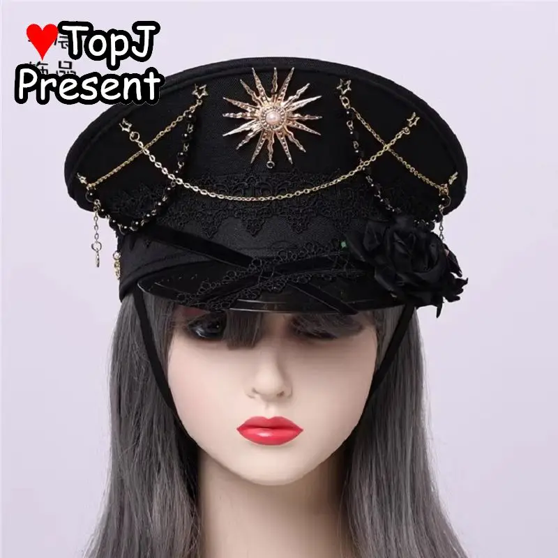 Women Lolita Y2k Steam Punk Gothic Harajuku Subculture Spicy Girl Lace Chain Black Red Blue Rose Halloween Performance Props Hat