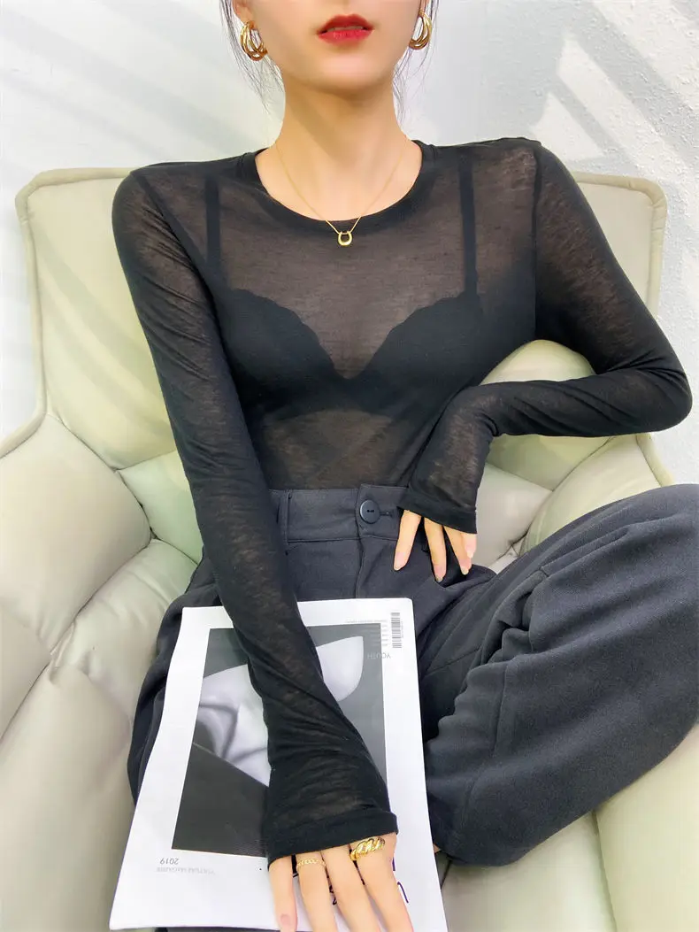2026 Sexy Shirt Damen T-Shirt Koreanischer Stil Slim Basic Elastizität T-Shirt Top Damenbekleidung T-Shirt Dünnes T-Shirt durchsichtig – Detail 5