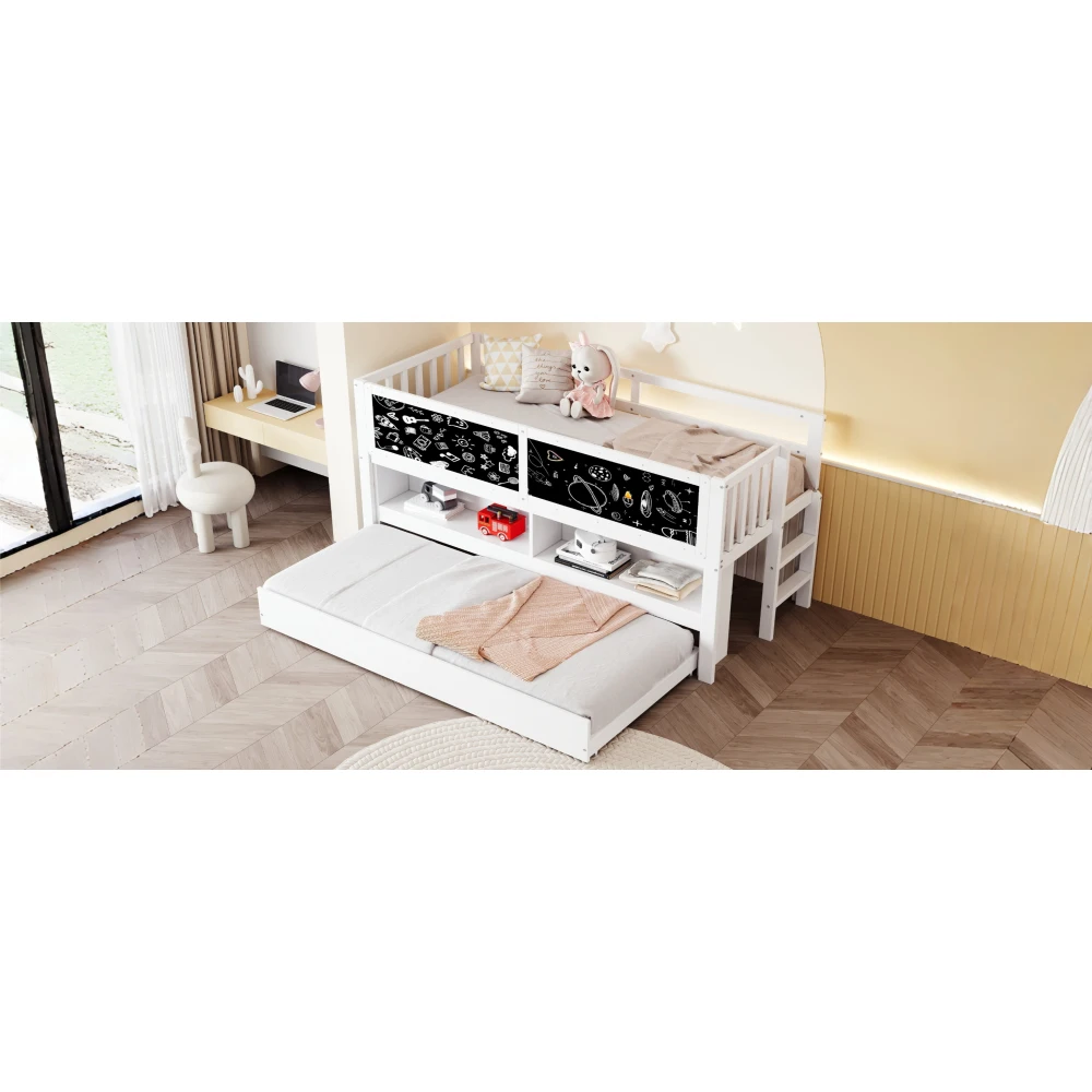 90x200cm ausziehbares Bett, mit Graffiti-Brett und offenem Stauraum, Kinder-Etagenbett aus Massivholz mit Kletterleiter, (ohne Matratze) – Detail 16