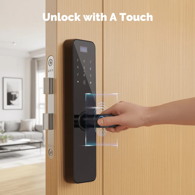 MOES Bluetooth Smart Wooden Door Lock - Fingerprint, Keycard, PIN, Remote Control, Tamper Alarm, Battery Powered, with Screen 2