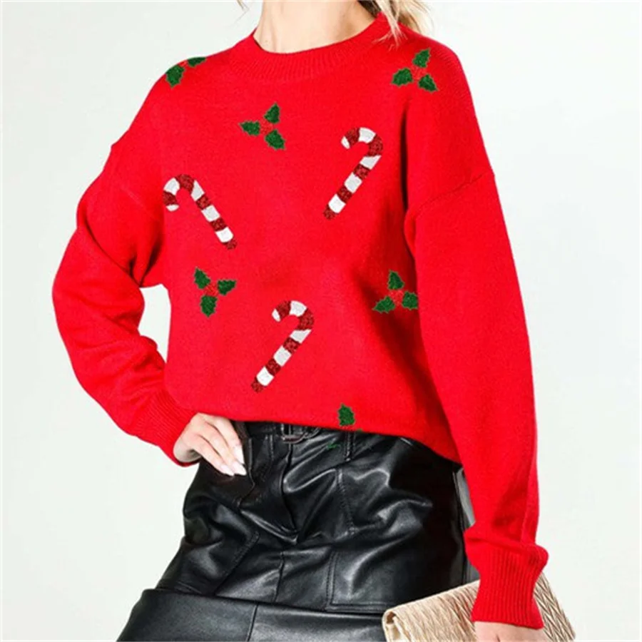 thumbnail image 1 of Nuevo suéter navideño de moda para mujer, jersey de manga larga con cuello redondo y estampado de bastón de caramelo Y2k, sudadera de punto, ropa de calle, 1 of 5