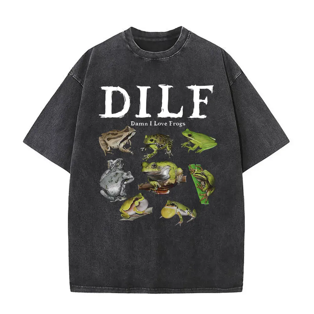 

Washed Vintage Dilf Damn I Love Frogs Print T Shirt Frog Graphic T-shirt Men Casual Funny Meme Tshirt Male Cotton Oversized Tees