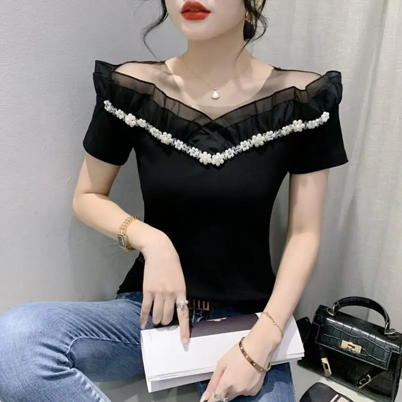 Fashion Slash Neck Spliced Gauze Ruffles Beading Blouses Women's Clothing 2024 Summer New Slim All-match Tops Office Lady Shirts